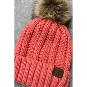 C.C Thick Cable Knit Faux Fuzzy Fur Pom Fleece Lined Skull Cap Cuff Beanie Peach
